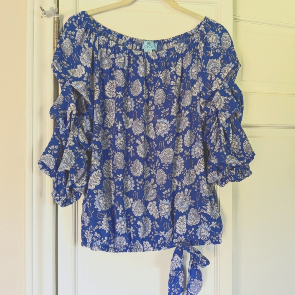 CeCe Blue Floral Off The Shoulder Lantern SleeveTop - SZ M